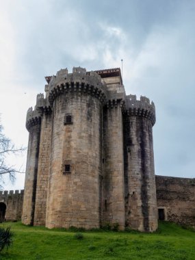Bulutlu gökyüzünün altında silindirik kuleleri olan tarihi taş kale.