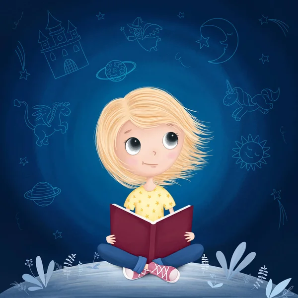 Little girl reading a book and dreaming — Stock Photo, Image