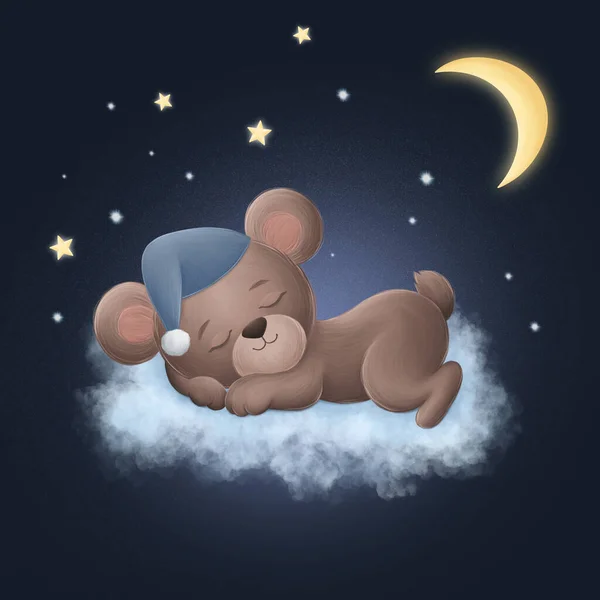 Cute Little Bear Sleeping Cloud Digital Illustration — Stock Photo, Image