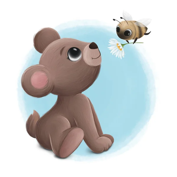 Bärenjunges Blickt Auf Die Kleine Biene Digitale Illustration — Stockfoto