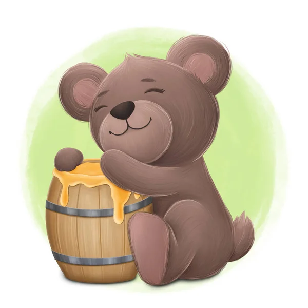 Cute Little Bear Hugs Keg Honey 디지털 일러스트 — 스톡 사진