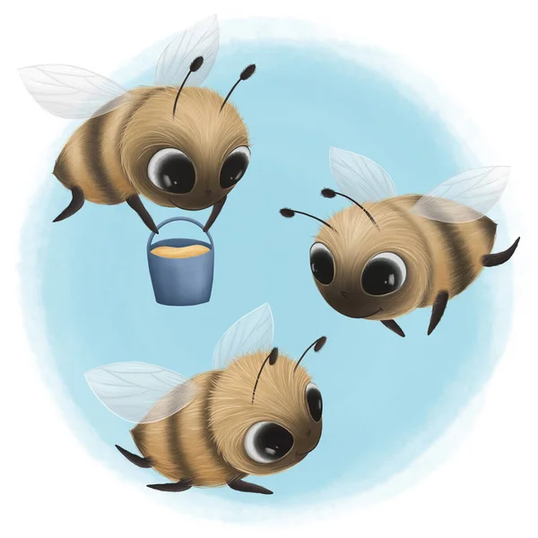 Roztomilé Včely Sbírají Sladký Med Digitální Ilustrace — Stock fotografie