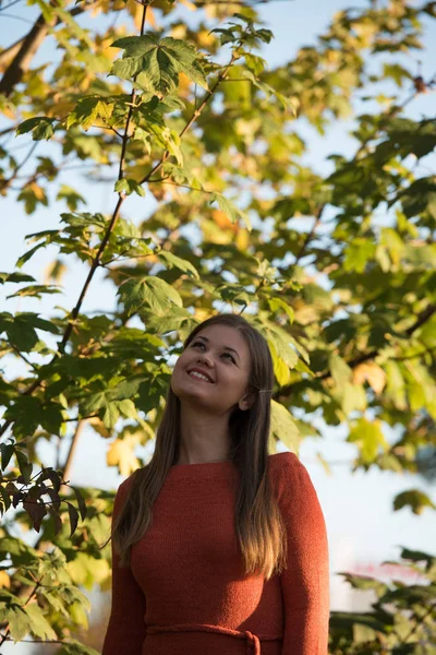 Ritratto Bella Giovane Donna Sole Serale Autunno Sorridente Alzando Sguardo — Foto Stock