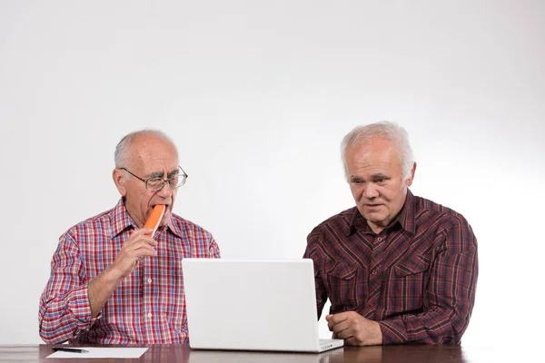 Two Elderly Men Work White Laptop Computer — Stock Photo, Image