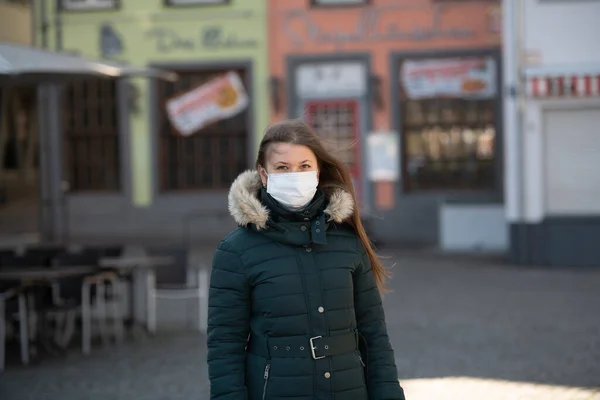 Young Woman Street German Town Wearing Face Medical Mask Protective — Stock Photo, Image
