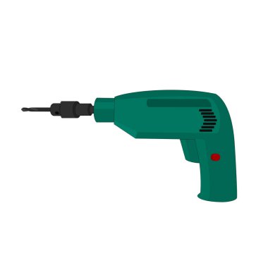 Beyaz zemin üzerine yeşil elektrikli matkap mekanik aygıt simgesini