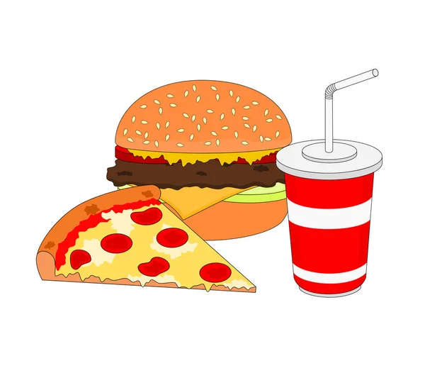 Aislado Sabroso Menú Comida Rápida Con Hamburguesa Pizza Queso Refrescos — Vector de stock