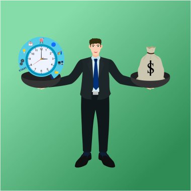 İşadamı zaman süreci ve para çantası, başarı kar kavramı arasında denge holding