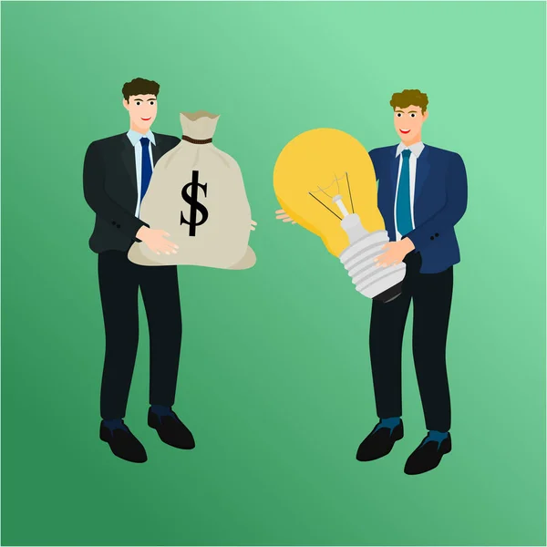 Two Businessman Success Exchange Big Idea Money Bag Deal Concept — Stock Vector