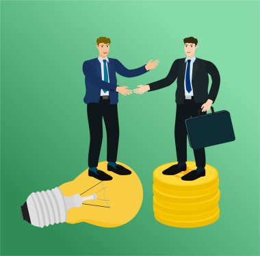 İki işadamı fikir ve para üzerinde sözleşme, başarı kavramı için el sıkışma ayakta