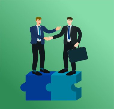 Ticaret anlaşması için tam bağlantı bulmaca ve el sıkışma ayakta iki işadamı