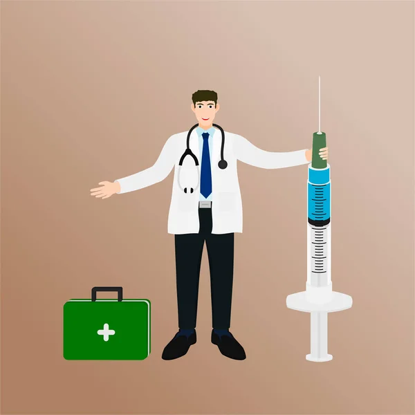 医生站立和持有大疫苗注射器 病媒卡通 — 图库矢量图片