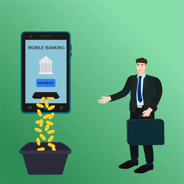 Şadamı Mobil Bankacılık Ile Ödeme Para Kullanımı Vektör Karikatür — Stok Vektör
