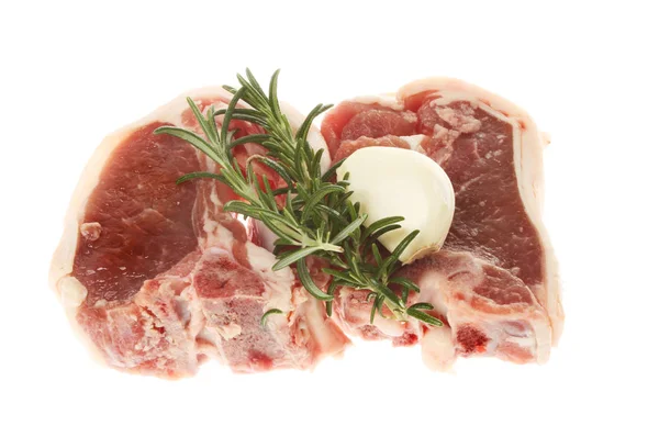 Two Raw Lamb Chops Rosemary Garlic Isolated White — Stock Photo, Image