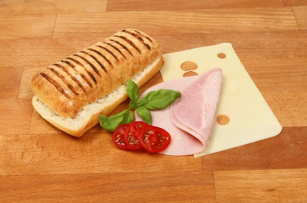 Panini Ingredients Ham Cheese Basil Tomato Wooden Chopping Board — Stock Photo, Image