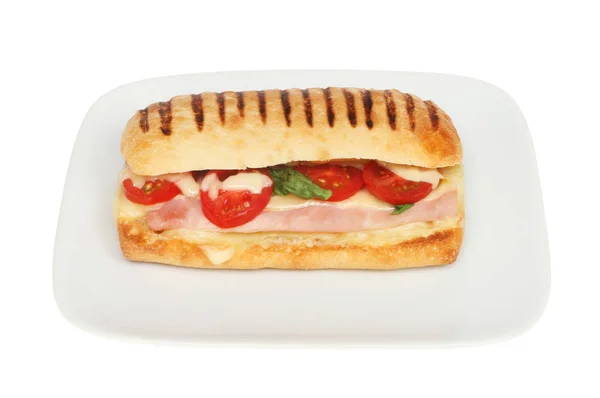 パニーニ プレートが白に対して分離されたハム チーズ トマト バジル — ストック写真