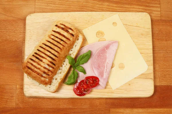 Panini Ingredients Wooden Chopping Board Kitchen Worktop Top View — Stock Photo, Image