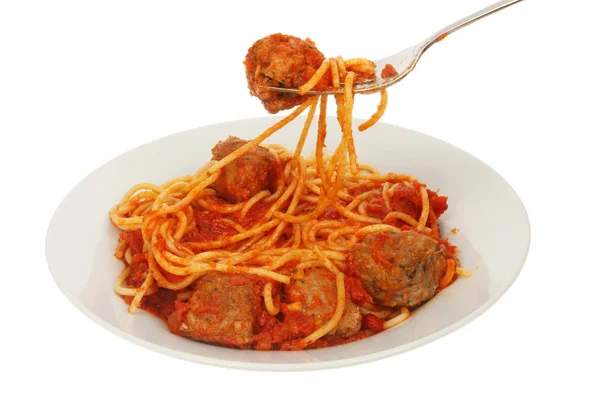 Spaghetti Meatballs Een Vork Boven Een Kom Geïsoleerd Tegen Wit — Stockfoto