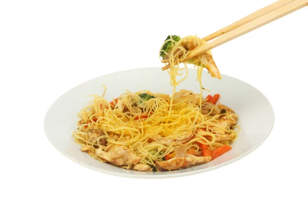 Stir Fried Chicken Vegetables Noodles Bowl Loaded Chopsticks Isolated White — Stock Photo, Image