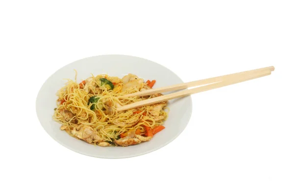 Chicken Vegetable Noodle Stir Fry Bowl Chopsticks Isolated White — Stock Photo, Image