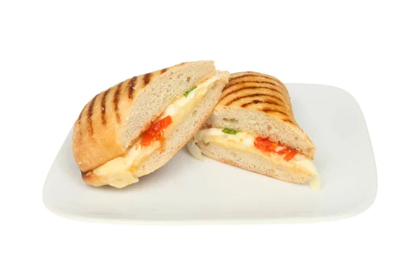 Three Cheese Panini Cheddar Mozzarella Edam Basil Tomato Plate Isolated — Stock Photo, Image