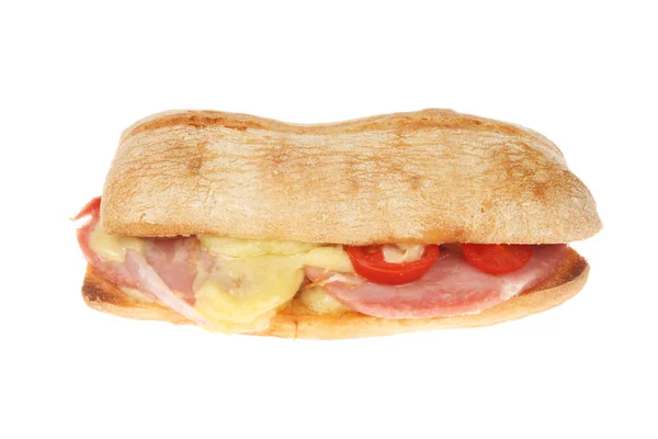 Tosti Kaas Ham Tomaat Een Ciabatta Broodje Geïsoleerd Tegen Wit — Stockfoto