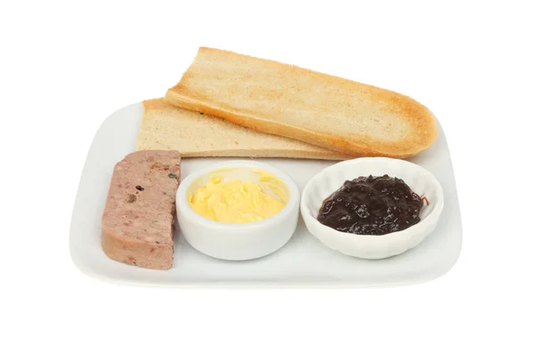 Bauernpastete Toast Butter Und Zwiebelmarmelade Auf Einem Teller Isoliert Gegen — Stockfoto