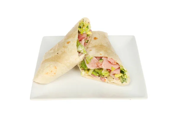 Sandwich Wraps Mit Schinken Und Salat Auf Einem Teller Isoliert — Stockfoto