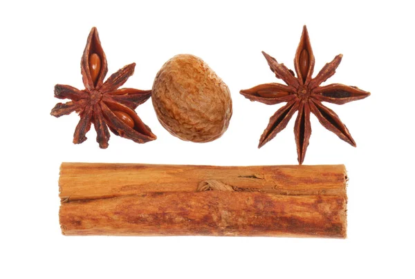 Cinnamon Star Anise Nutmeg Isolated White — Stock Photo, Image