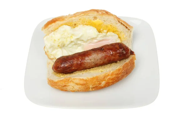 Sausage Fried Egg Giraffe Bread Roll Plate Isolated White — Stock Photo, Image