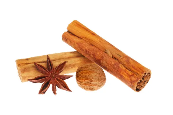 Star Anise Cinnamon Nutmeg Isolated White — Stock Photo, Image