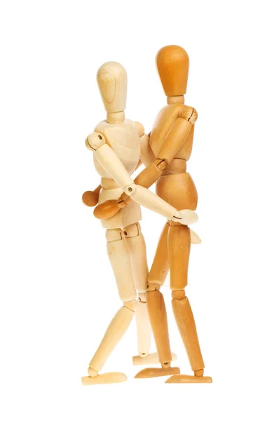 Two Wooden Artist Manikins Hugging Isolated White — Stock Photo, Image