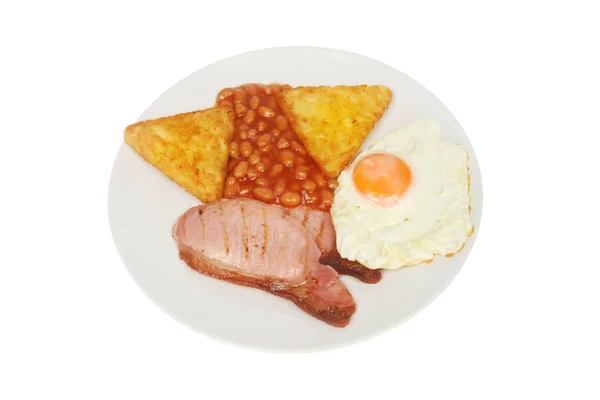 Cooked Breakfast Fried Egg Baked Beans Bacon Hash Browns Ona — Stock Photo, Image