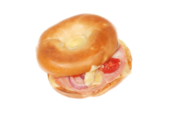 Toasted Cheese Onion Tomato Ham Bagel Isolated White — Stock Photo, Image