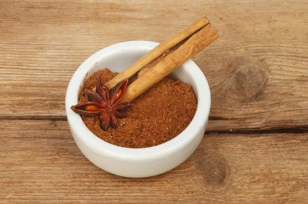 Chinese five spice in a ramekin with a cinnamon stick and star anise on old weathered wood