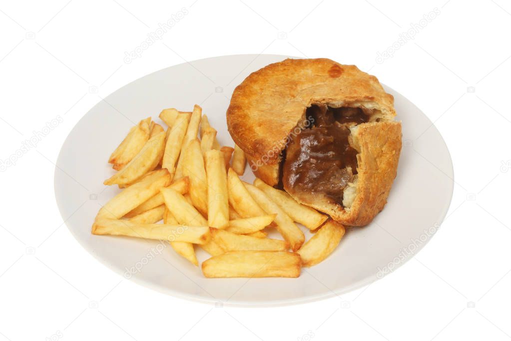 Steak pie and chips on a plate isolated against white