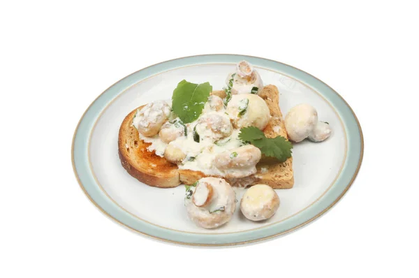 Baby Button Mushrooms Cream Sauce Toasted Granary Bread Plate Isolated — Stock Photo, Image