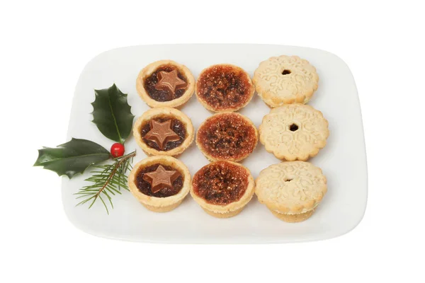 Festive Mince Pies Plate Holly Pine Needles Isolated White — Stock Photo, Image