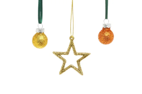 Beyaz Karşı Izole Altın Glitter Noel Yıldızı Minyatür Baubles — Stok fotoğraf