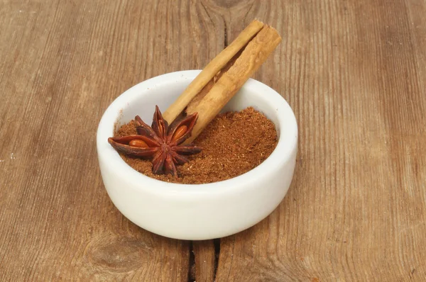 Closeup Chinese Five Spice Star Anise Cinnamon Ramekin Rustic Wood — Stock Photo, Image