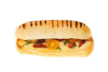 Peynir, domates, fesleğen, pancetta panini beyaz karşı izole