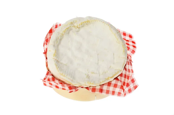 Une Rondelle Fromage Camembert Dans Une Boîte Isolée Contre Blanc — Photo