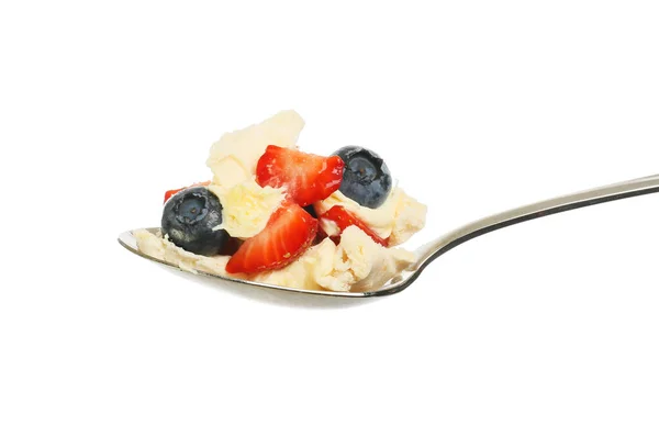 Strawberries Blueberries Meringue Clotted Cream Spoon Isolated White — Stock Photo, Image