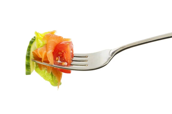 Rökt Lax Och Sallad Gaffel Isolerad Mot Vitt — Stockfoto