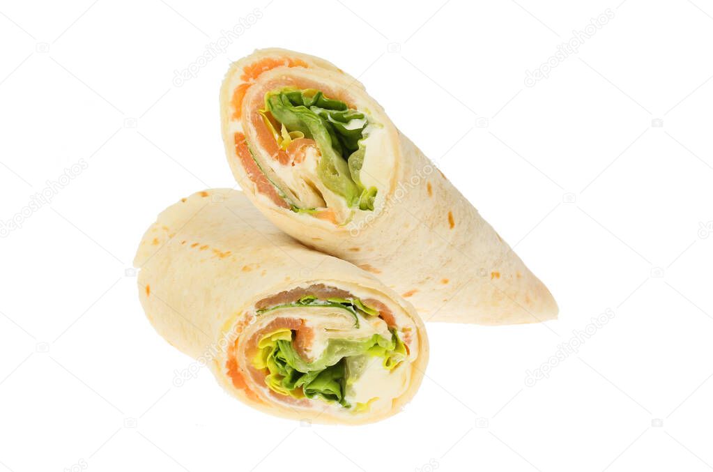 Smoked salmon, lettuce and cream cheese wraps isolated against white