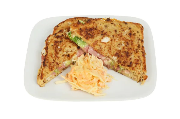 Toasted Cheese Ham Spring Onion Sandwich Coleslaw Plate Isolated White — Stock Photo, Image