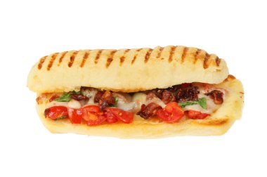Domates, pancetta, fesleğen ve erimiş peynirli panini beyaza karşı izole edilmiş.