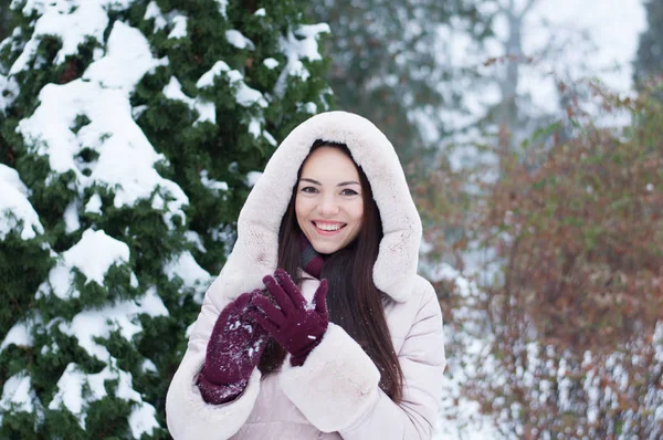 Portrait Young Beautiful Emotional Woman Hooded Coat Gloves Snow Covered — Stock Photo, Image