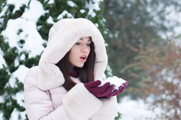 Portrait Young Beautiful Emotional Woman Hooded Coat Gloves Snow Covered — Stock Photo, Image