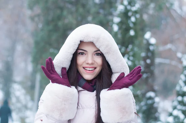 Porträt Einer Jungen Schönen Emotionalen Frau Kapuzenjacke Und Handschuhen Auf — Stockfoto